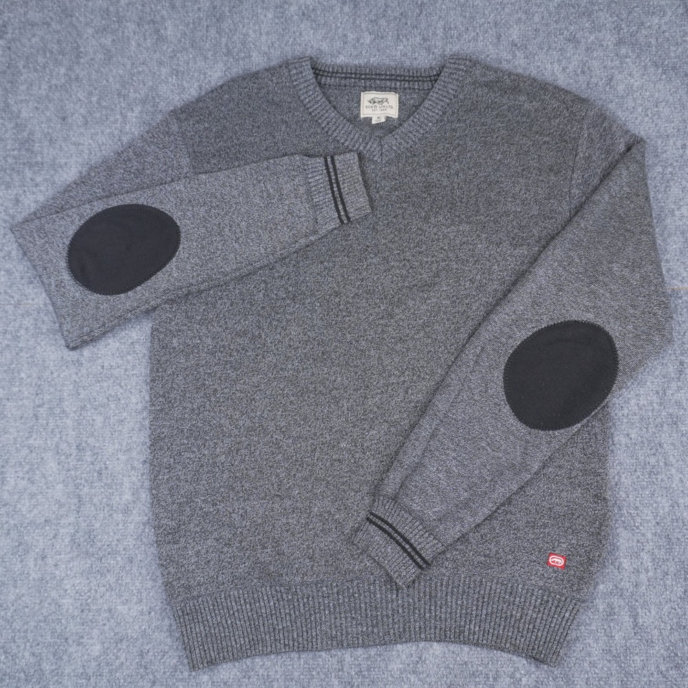 Ecko Unltd V-Neck‎ Sweater Mens Size M Grey Knit Elbow Patches Pullover